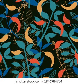Night in Chili Pepper Garden Vector Graphic Illustration Seamless Pattern can be use for background and apparel design