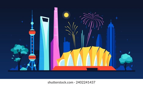 Night China in neon lights - modern colored vector illustration with Shanghai Oriental Sports Center, Pearl TV, Jin Mao Tower and world financial building. Panorama of the city streets idea