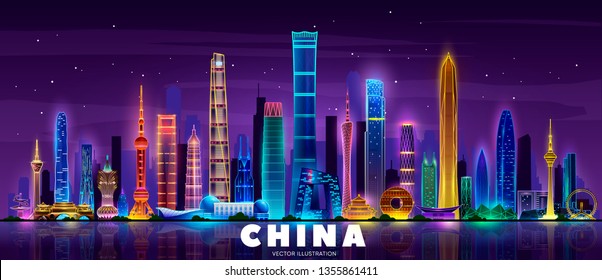 Night china skyline.Vector modern night megapolis.Urban skyscrapers in neon colors. Shanghai, Beijing, Guangzhou , Shenzhen, Hong Kong.
