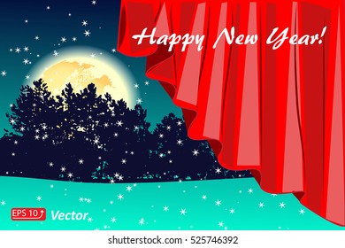 Night Christmas background greeting card Happy New Year!  Window with red curtain  with a view of the dark green winter landscape forest, yellow big moon, snow, snowflake vector illustration EPS 10