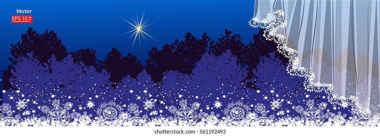 Night Christmas background greeting card. Window with white lacy curtain with a view of the winter landscape fir forest, yellow big star, snow, snowflake vector illustration EPS 10