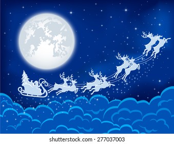 Night Christmas background with Santa, deers and moon, illustration.