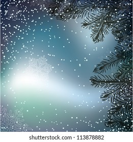 Night Christmas background with whirling snow and fir-tree