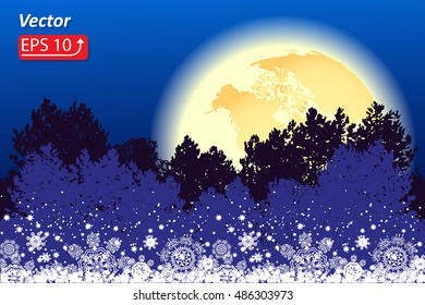  Night Christmas blue background greeting card with a full moon in a snowy landscape fir forest vector illustration