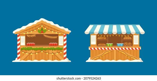 Weihnachtsmesse mit Bäckerei und heißen Getränken. Weihnachtsgeschosse aus Holz oder Essenskioske, Winterhaus mit Gartendekoration, Zweige aus Tannenbaum und Blattwerk. Cartoon-Vektorgrafik