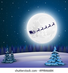 Night christmas forest landscape. Santa Claus flies reindeer in the background of the moon