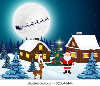 Night christmas forest landscape. Santa Claus with reindeer and 