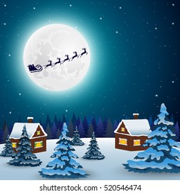 Night christmas forest landscape. Santa Claus flies reindeer in 