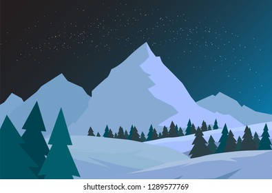 Night Christmas forest with mountains. New year vector card. Starry sky