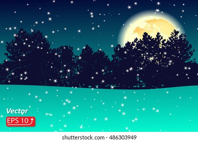  Night Christmas green background greeting card with a full moon in a snowy landscape fir forest vector illustration