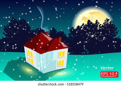 Night Christmas green background greeting card with a lodge, house,  a full moon in a snowy landscape fir forest vector illustration