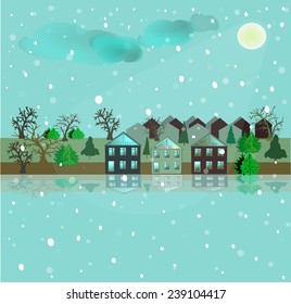 Night for Christmas. Houses and the surrounding nature on the night of Christmas.  Snowfall and the pale moon in a vector illustration.