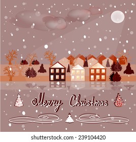 Night for Christmas. Houses and the surrounding nature on the night of Christmas.  Snowfall and the pale moon in a vector illustration.