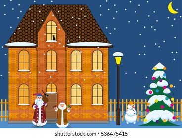 Night Christmas landscape with a cottage and a fir-tree