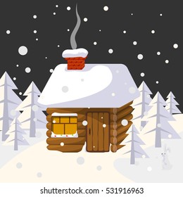 Night Christmas landscape with trees and forest animals. Cozy house with chimney in the forest. Snowy night. Snow night background. Greeting Card Merry Christmas