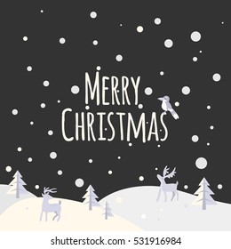 Night Christmas landscape with trees and forest animals. Snowy night. Snow night background. Greeting Card Merry Christmas