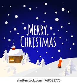 Night Christmas landscape with trees and forest animals. Cozy house with chimney in the forest. Snowy night. Snow night background. Greeting Card Merry Christmas