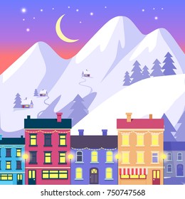 Night Christmas small town on high mountains and purple sky with moon stars background. Vector illustration of colourful two and three storeyed buildings with switched lights and festoons on roofs.