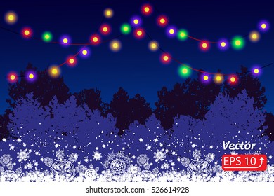 Night Christmas winter blue background with  a fir forest, snow,  colorful illumination vector illustration EPS 10