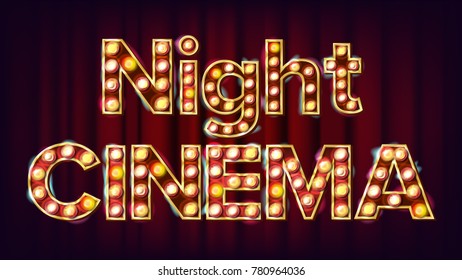 Night Cinema Background Vector. Theater Cinema Golden Illuminated Neon Light. For Theater, Cinematography Design. Classic Illustration