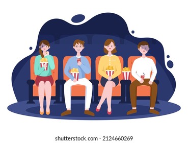 Night Cinema Movie Premiere Screen with Friends Sitting Together on Red Chairs Watching a Film in Flat Design Background Illustration