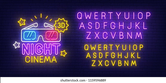 Night Cinema neon sign, bright signboard, light banner. Cinema 3D logo. Neon sign creator. Neon text edit