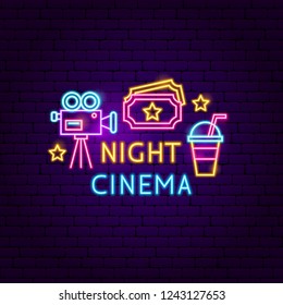 Night Cinema Neon Sign. Vector Illustration of Film Promotion.