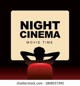 Night cinema. Vector illustration or poster with a man in a relaxed home pose in front of a large screen. Movie theater for one moviegoer at home.