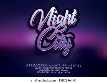 Night City. 3D Script Font In 1980s Style. Illustration Of 1980 Retro Neon Poster. Futuristic Landscape.