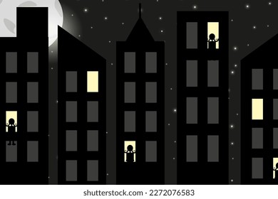 Night city against nighty sky background with stars, moon and silhouette in the windows.