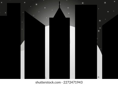 Night city against nighty sky background with stars and moon.