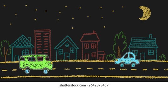 Night city art in wax crayon style with doodle cars, garden, houses, and sky with moon and stars. Charcoal squiggles ideal for baby, kids or kindergarten transport location themes. Vector illustration