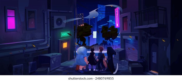 Night city back street alley and children on Halloween cartoon background. Kids group together in spooky costume on downtown sidewalk area. Dark alleyway of neighborhood game illustration design