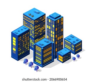 The night city background 3D illustration neon ultraviolet of urban infrastructure isometric buildings. Residential town of vector graphics of the modern architecture construction.
