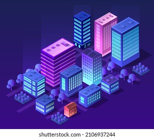 The night city background 3D illustration neon ultraviolet of urban infrastructure isometric buildings. Residential town of vector graphics of the modern architecture construction.