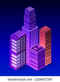 The night city background 3D illustration neon ultraviolet of urban infrastructure isometric buildings. Residential town of vector graphics of the modern architecture construction.