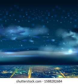 Night city background from airplane view. Top view cityscape with skyline with stars and clouds. Glowing streets and buildings, aerial view. Vector urban background.