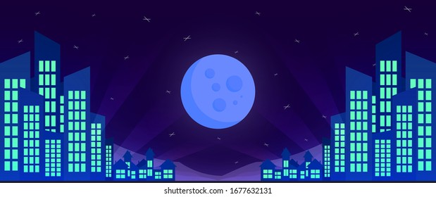 Night city background. Buildings and big moon. Vector stock illustration eps10.