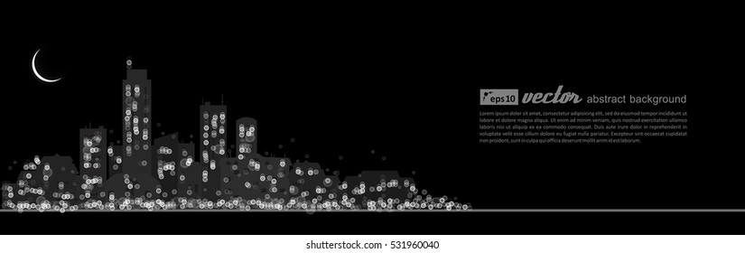 Night city - background with glowing light effects. Urban cityscape. Shining glitter particles allocated on neutral background. Space for your message. Eps 10 vector illustration