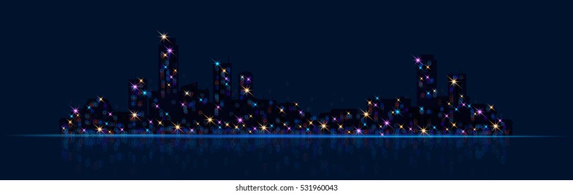 Night city - background with glowing light effects. Urban cityscape. Shining glitter particles allocated on neutral background. Space for your message. Eps 10 vector illustration