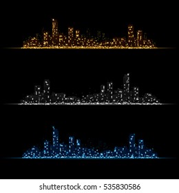 Night city - background with glowing light effects. Urban cityscape. Shining glitter particles allocated on neutral background. Space for your message. Eps 10 vector illustration