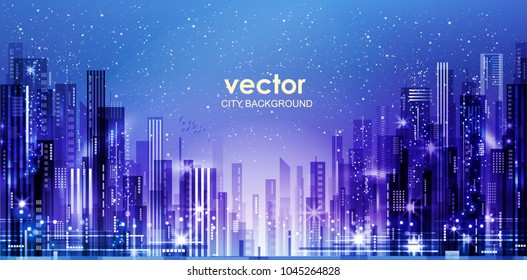 Night city background, with glowing lights, illustration with architecture, skyscrapers, megapolis, buildings, downtown.