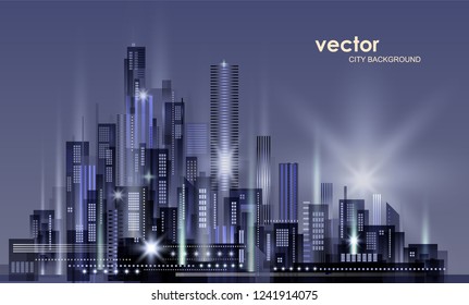 Night city background, with glowing lights, illustration with architecture, skyscrapers, megapolis, buildings downtown