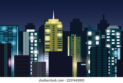 Night city background, with glowing lights, illustration with architecture, skyscrapers, megapolis, downtown buildings