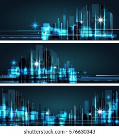 Night city background, with glowing lights, vector illustration