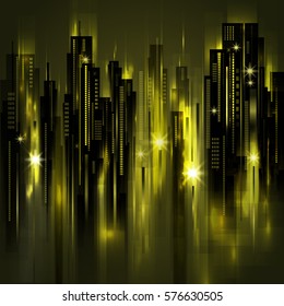 Night city background, with glowing lights, vector illustration