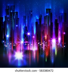 Night city background, with glowing lights, vector illustration