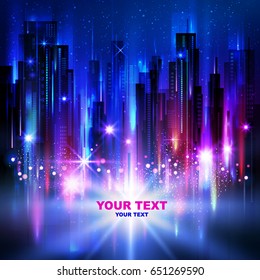 Night city background, with glowing lights, vector illustration