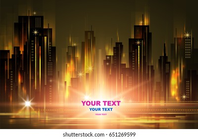 Fondo de ciudad nocturna, con luces brillantes, ilustración vectorial