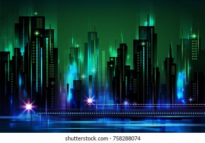 Night city background, with glowing lights, vector illustration